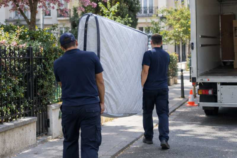 Deux déménageurs portent un grand matelas sous housse zippée, trottoir devant un immeuble, camion blanc en arrêt court