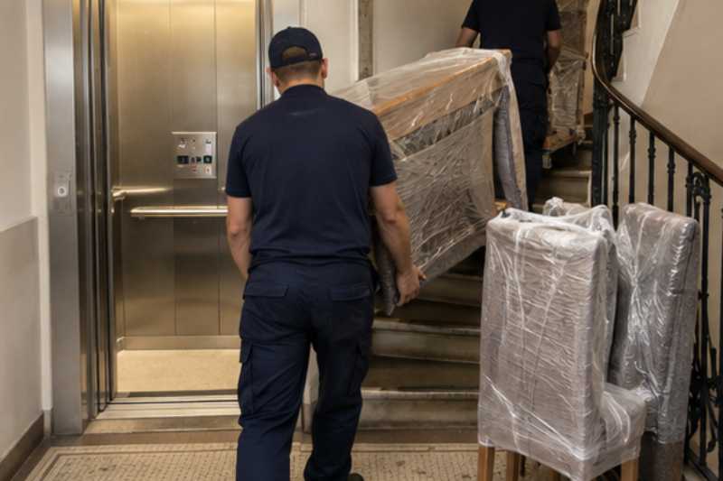 Déménageurs qui chargent une table en bois et six chaises emballées, cage d'escalier à côté d'un petit ascenseur