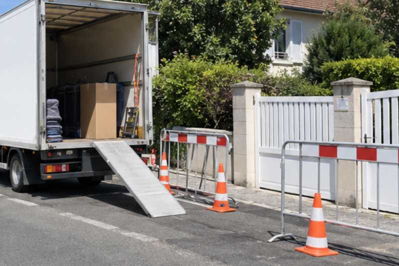 Camion blanc sur une place réservée délimitée par des barrières, Provins