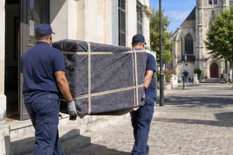 Deux déménageurs portent une commode emballée dans une couverture de protection, Provins