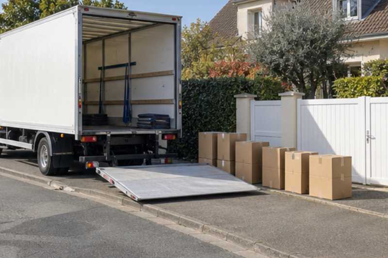 Camion de déménagement blanc garé le long du trottoir, hayon abaissé, cartons alignés, Rambouillet
