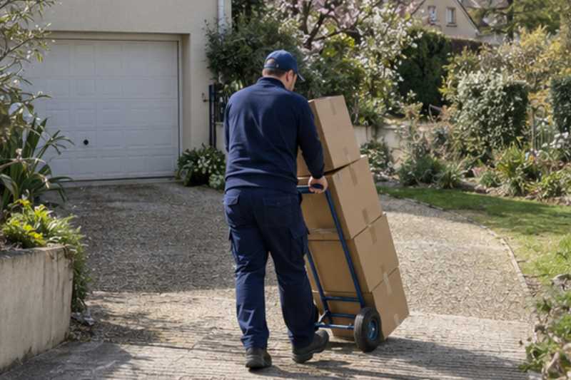 Un déménageur descend des cartons empilés sur un diable, Rambouillet