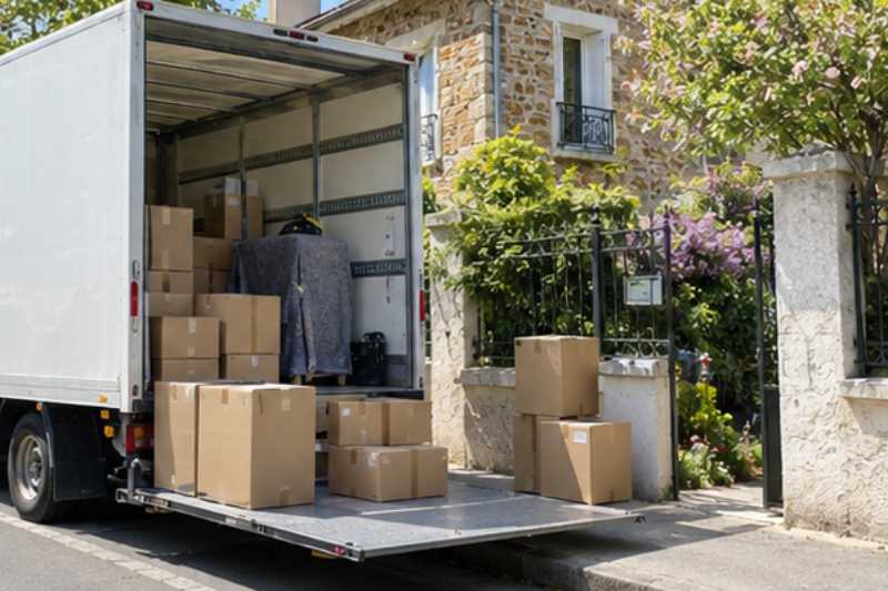 Camion de déménagement blanc garé le long du trottoir, hayon abaissé, cartons alignés, Rueil-Malmaison