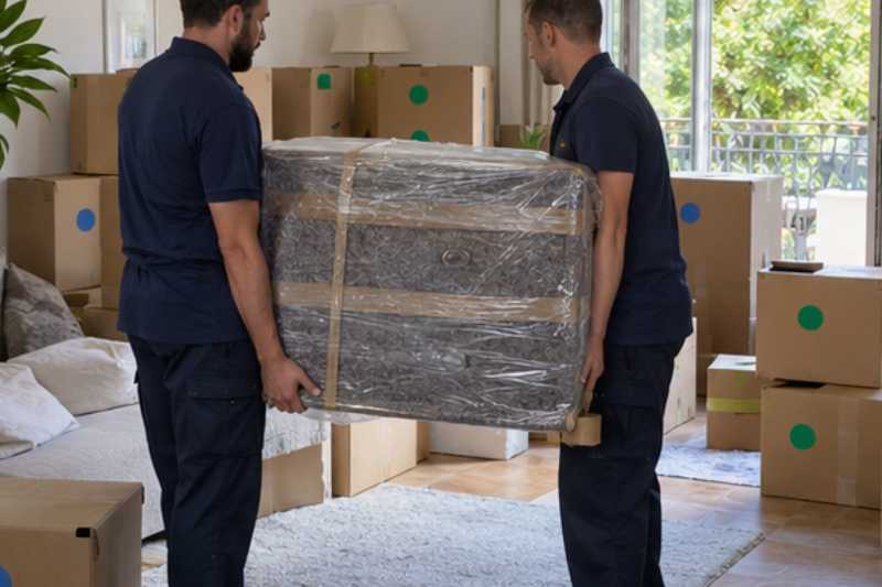 Deux déménageurs portent une commode à tiroirs emballée, salon rempli de cartons étiquetés de deux couleurs