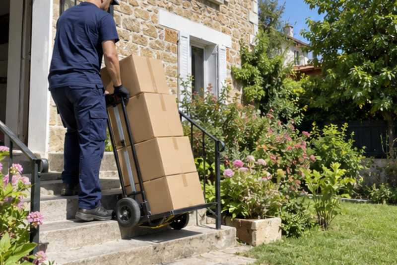 Un déménageur descend des cartons empilés sur un diable, Rueil-Malmaison