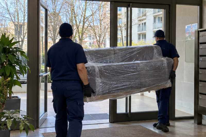Déménageurs portant un canapé emballé sous film plastique, Saint-Denis