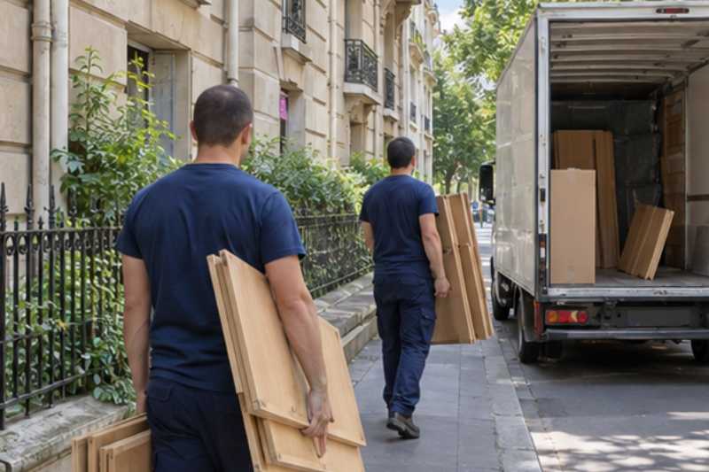 Déménageurs qui portent les éléments d'une grande bibliothèque démontée, trottoir devant un immeuble, camion blanc en arrêt court
