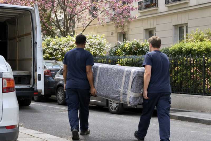 Deux déménageurs portent des meubles emballés sous couvertures, rue résidentielle d'Île-de-France devant un immeuble