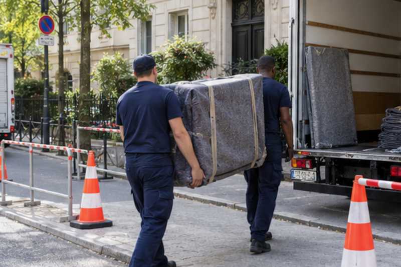 Deux déménageurs portent des meubles emballés sous couvertures, zone de chargement délimitée devant l'immeuble