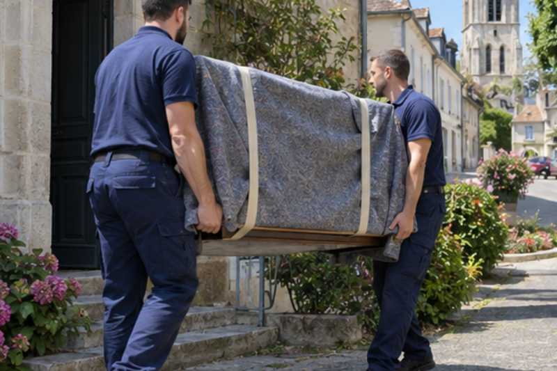 Deux déménageurs portent une commode emballée dans une couverture de protection, Saint-Germain-en-Laye