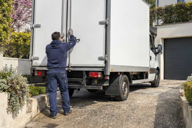Déménageur qui ferme les portes arrière du camion chargé, Saint-Germain-lès-Arpajon