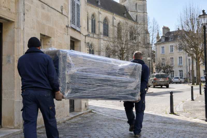 Déménageurs portant un canapé emballé sous film plastique, Saint-Germain-lès-Arpajon