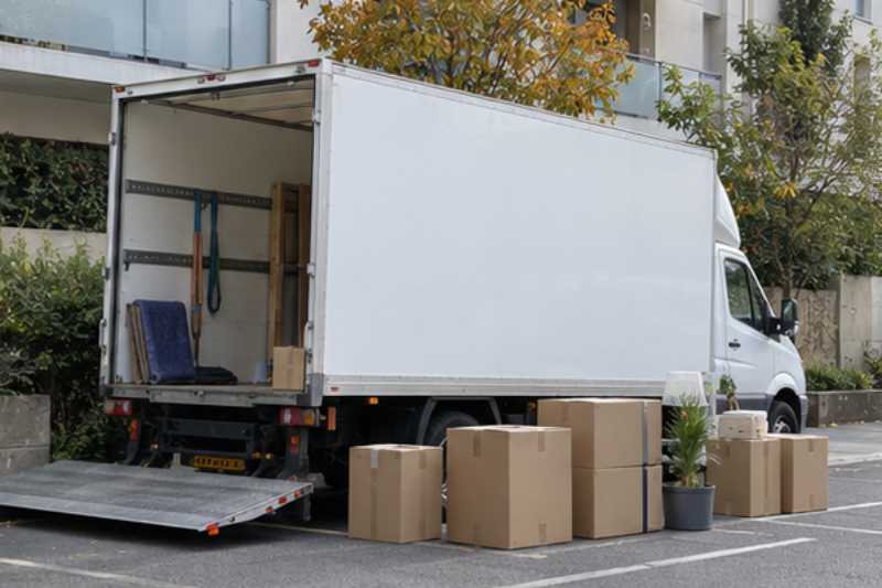 Camion de déménagement blanc garé le long du trottoir, hayon abaissé, cartons alignés, Saint-Maur-des-Fossés