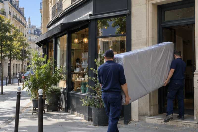 Déménageurs portant un matelas protégé par une housse, Saint-Maur-des-Fossés