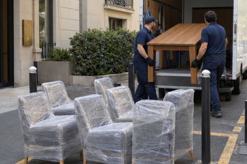 Déménageurs qui chargent une table en bois et six chaises emballées, zone de chargement délimitée devant l'immeuble