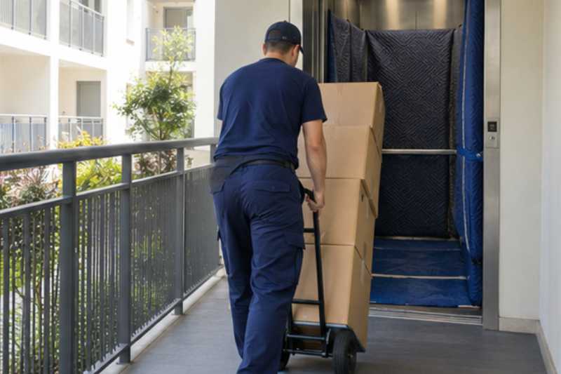 Un déménageur descend des cartons empilés sur un diable, Saint-Ouen-sur-Seine