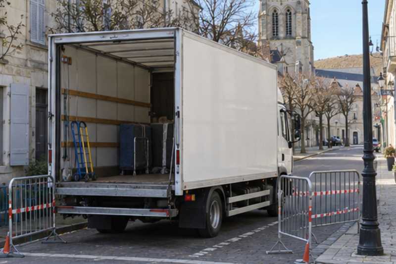 Camion blanc sur une place réservée délimitée par des barrières, Saint-Pierre-du-Perray