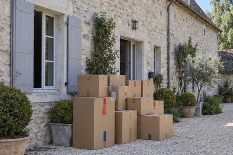 Pile de cartons fermés et étiquetés prête au pied de l'entrée, Saint-Pierre-du-Perray