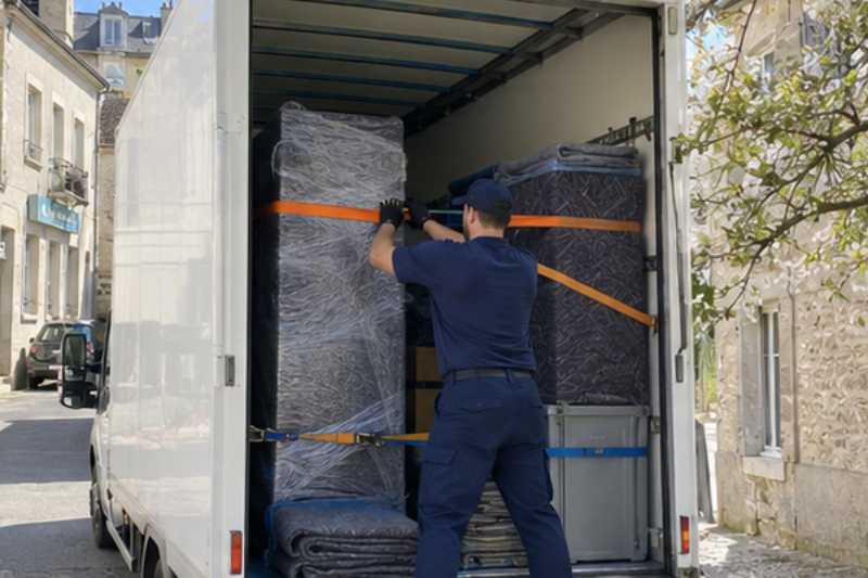 Déménageur qui sangle des meubles emballés dans la caisse du camion, Saint-Pierre-lès-Nemours