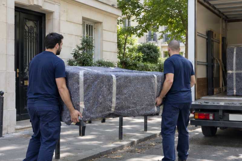 Deux déménageurs portent des meubles emballés sous couvertures, trottoir devant un immeuble, camion blanc en arrêt court