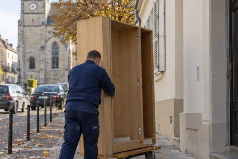 Déménageur qui roule une armoire démontée sur un chariot à plateau, Sainte-Geneviève-des-Bois