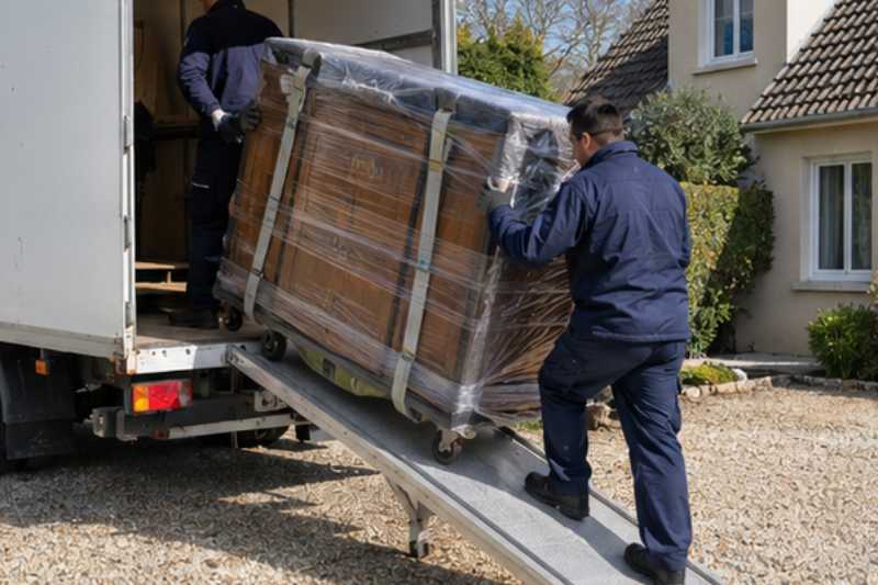 Chargement d'un buffet emballé par la rampe du camion, Sannois