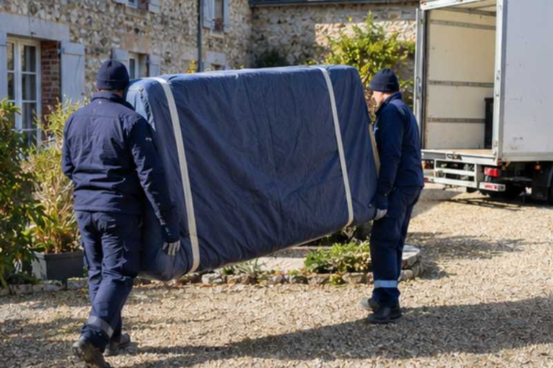 Déménageurs portant un matelas protégé par une housse, Sannois