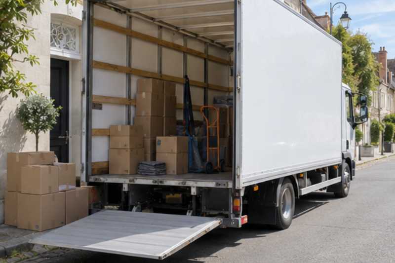 Camion de déménagement blanc garé le long du trottoir, hayon abaissé, cartons alignés, Sarcelles