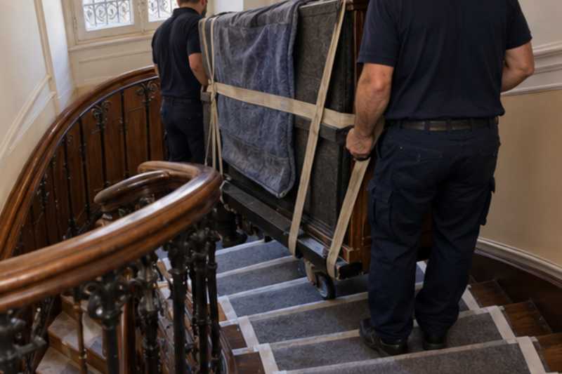 Déménageurs qui descendent un piano droit sanglé sur une luge, escalier ancien en bois aux marches couvertes de protections