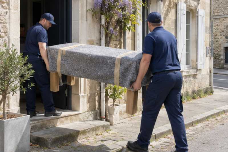 Deux déménageurs sortent une table en bois emballée, Sarcelles
