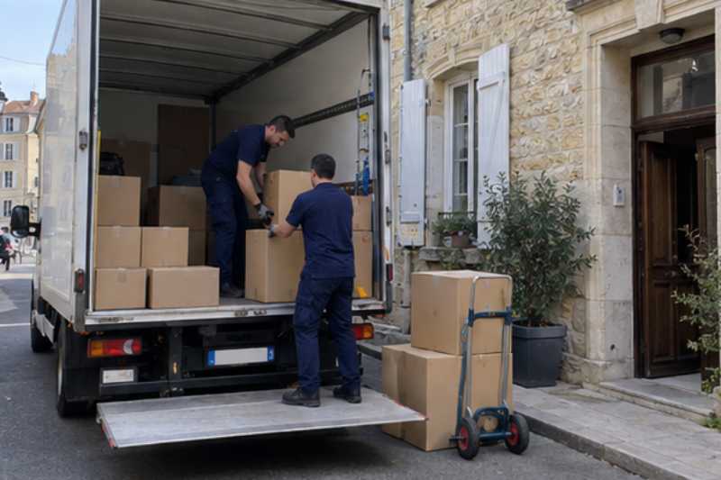 Camion blanc stationné devant l'entrée, deux déménageurs chargent des cartons, Sartrouville