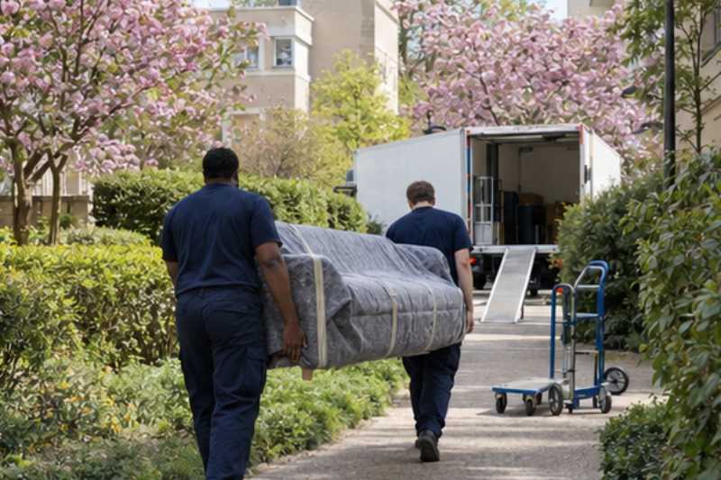 Deux déménageurs portent un canapé trois places sous couverture, allée de résidence, chariots roulants vers le camion