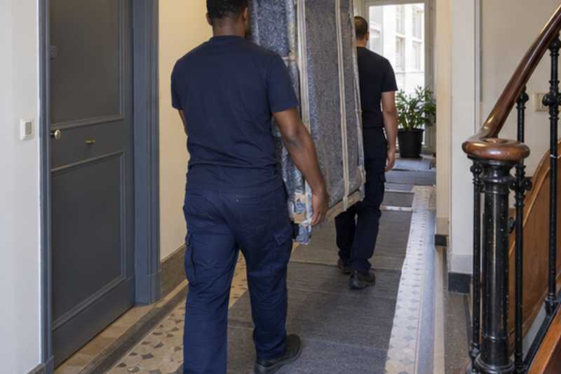 Deux déménageurs portent des meubles emballés sous couvertures, long couloir d'immeuble protégé par des tapis