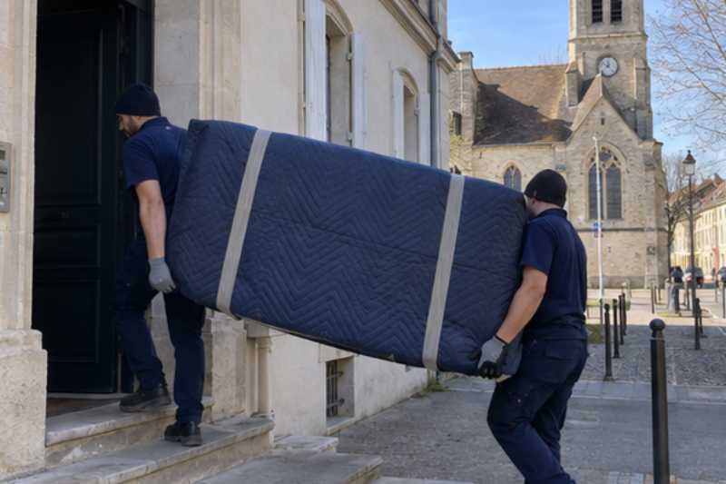 Déménageurs portant un matelas protégé par une housse, Sartrouville