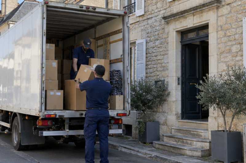 Camion blanc stationné devant l'entrée, deux déménageurs chargent des cartons, Savigny-le-Temple