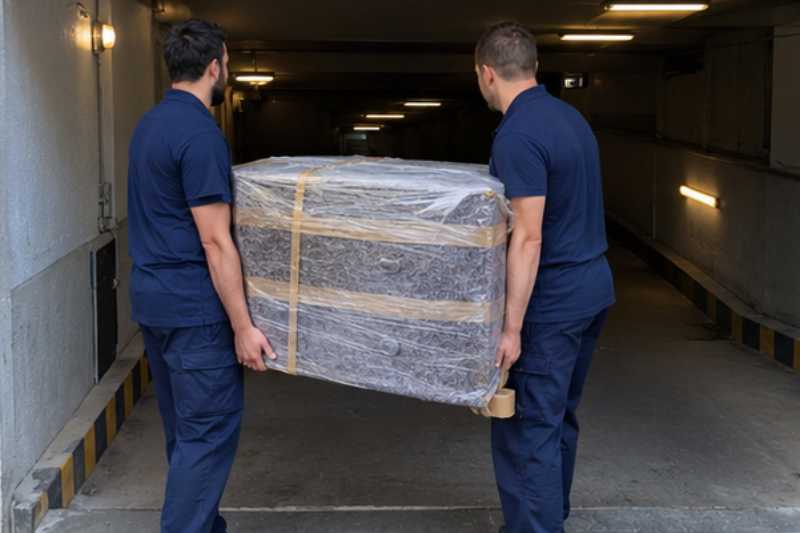 Deux déménageurs portent une commode à tiroirs emballée, entrée de parking souterrain à hauteur limitée