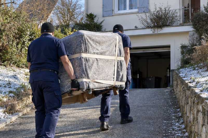 Deux déménageurs portent une commode emballée dans une couverture de protection, Savigny-le-Temple