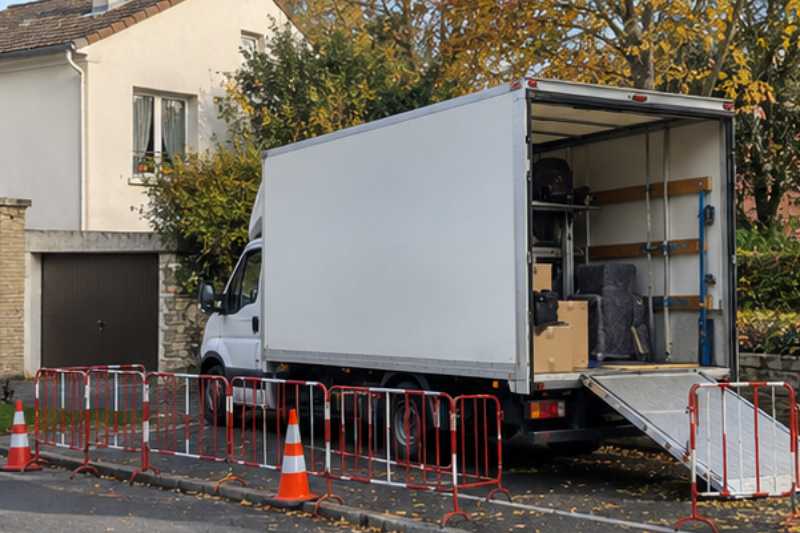 Camion blanc sur une place réservée délimitée par des barrières, Savigny-sur-Orge