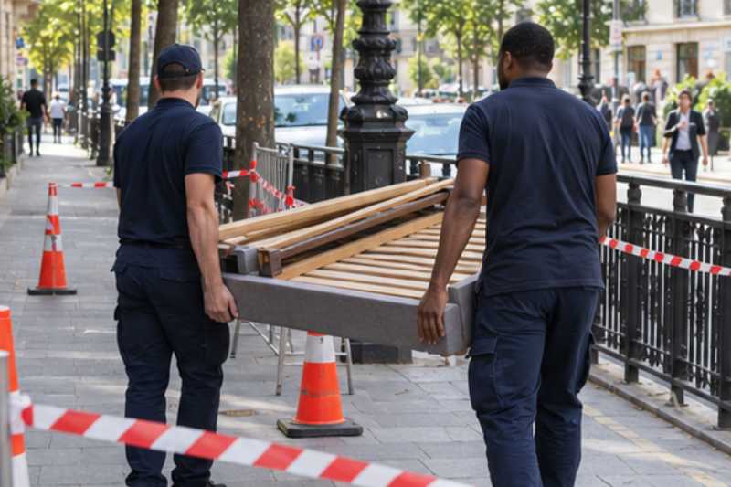 Déménageurs qui portent un sommier et les montants d'un lit démonté, trottoir urbain dégagé par un balisage léger