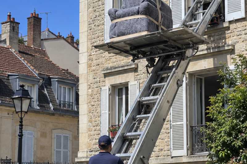 Monte-meuble déployé contre la façade, un fauteuil emballé sur la plateforme, Savigny-sur-Orge