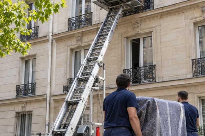 Deux déménageurs portent des meubles emballés sous couvertures, façade d'immeuble avec monte-meuble déployé jusqu'à une fenêtre