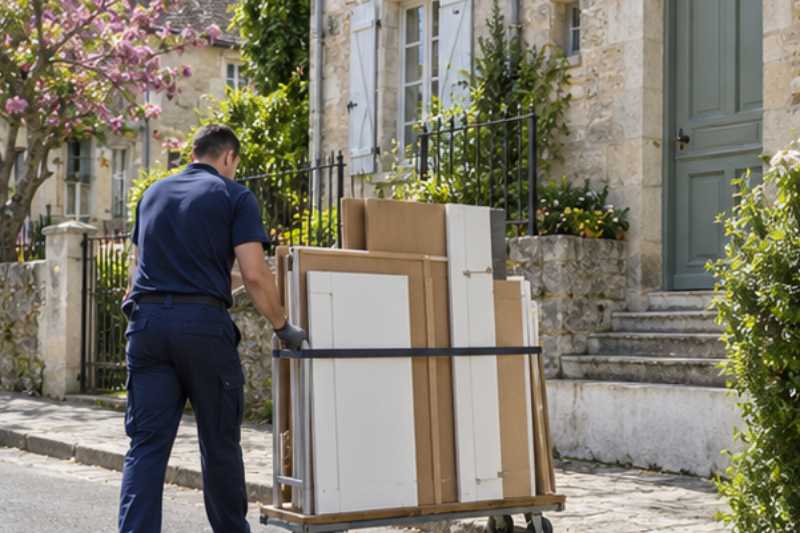 Déménageur qui roule une armoire démontée sur un chariot à plateau, Seine-et-Marne