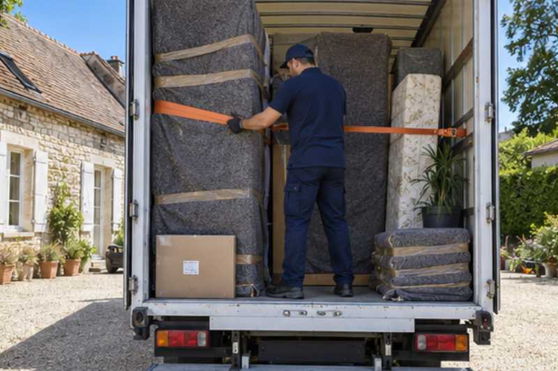 Déménageur qui sangle des meubles emballés dans la caisse du camion, Seine-et-Marne