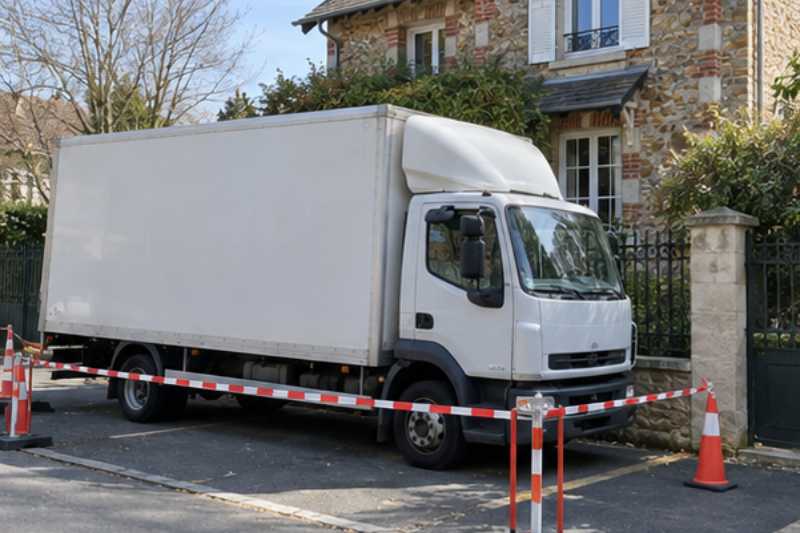 Camion blanc sur une place réservée délimitée par des barrières, Seine-Saint-Denis