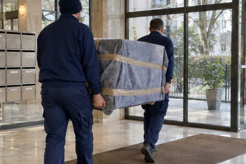 Deux déménageurs portent une commode emballée dans une couverture de protection, Seine-Saint-Denis