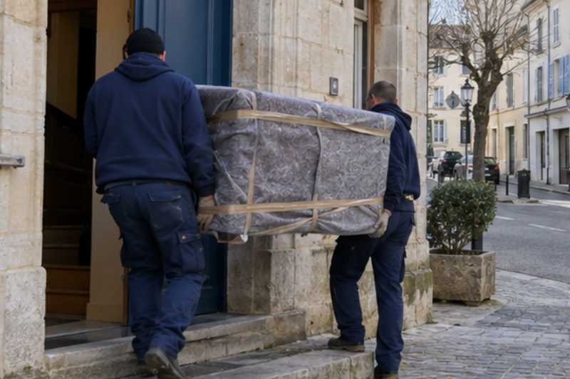 Deux déménageurs portent une commode emballée dans une couverture de protection, Soisy-sous-Montmorency