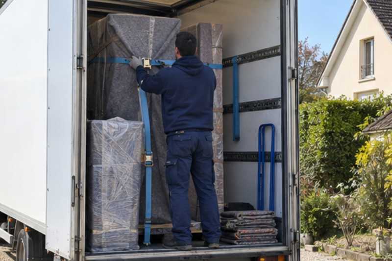 Déménageur qui sangle des meubles emballés dans la caisse du camion, Soisy-sous-Montmorency