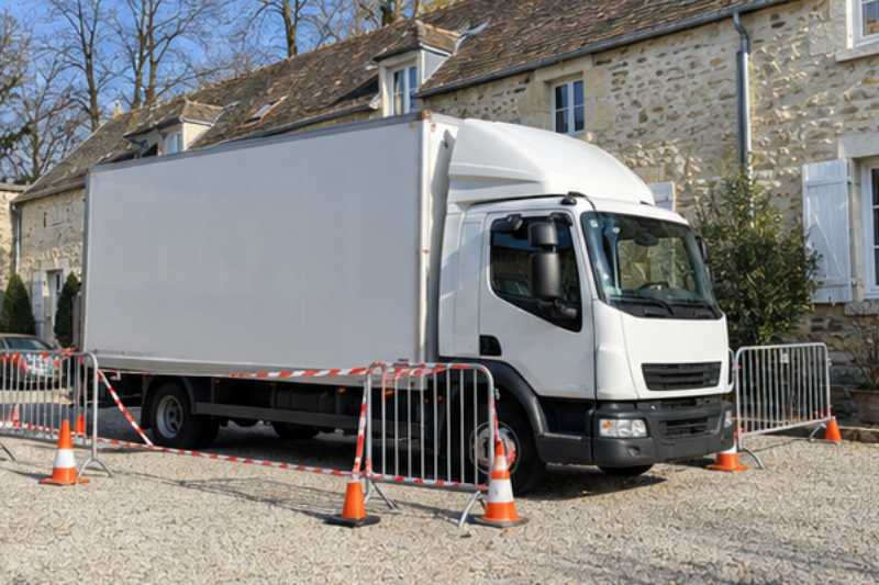 Camion blanc sur une place réservée délimitée par des barrières, Souppes-sur-Loing