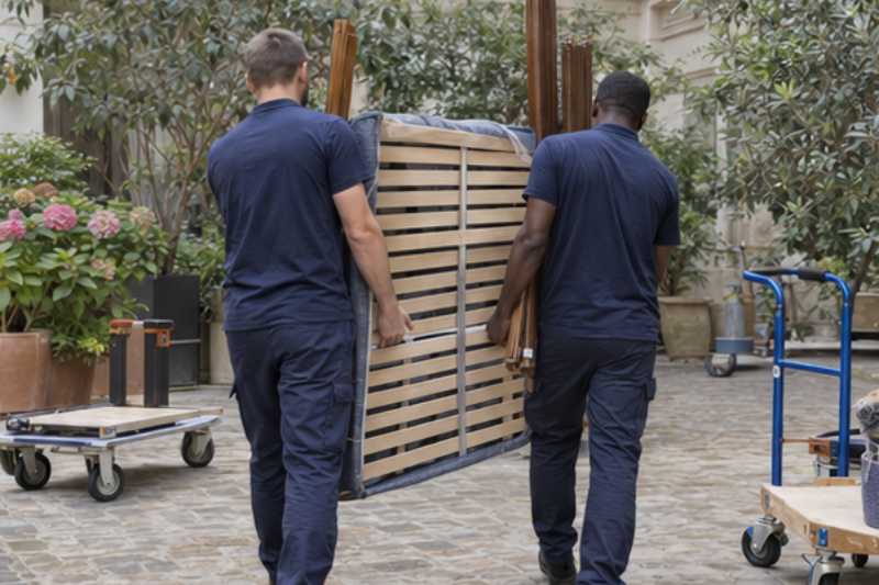 Déménageurs qui portent un sommier et les montants d'un lit démonté, cour intérieure d'immeuble, chariots roulants