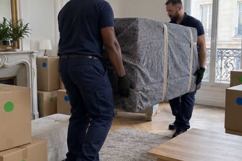 Deux déménageurs portent des meubles emballés sous couvertures, salon rempli de cartons étiquetés de deux couleurs